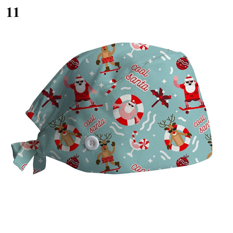Kerstprint chirurgische muts voor dames heren verpleegstersmuts met knoop zweetabsorberende handdoek doktersmuts scrub muts gesp baotou muts: 11