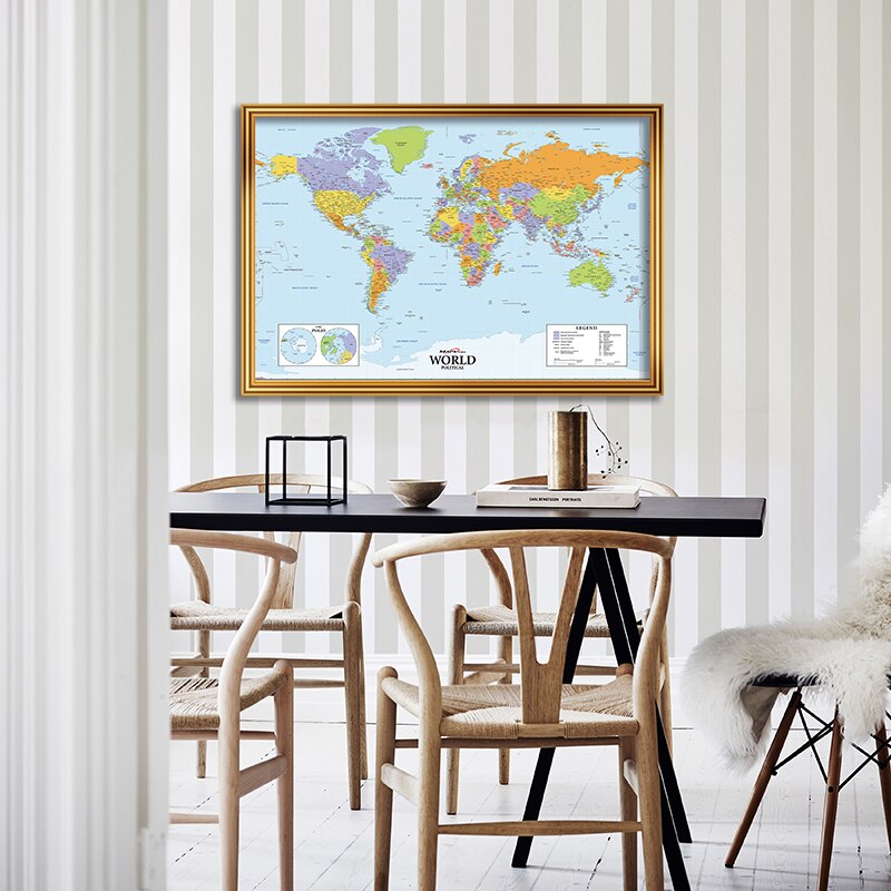 90*60cm The World Political Map World Decoration Map Fine Canvas Spray Painting For School/Office Wall Decor