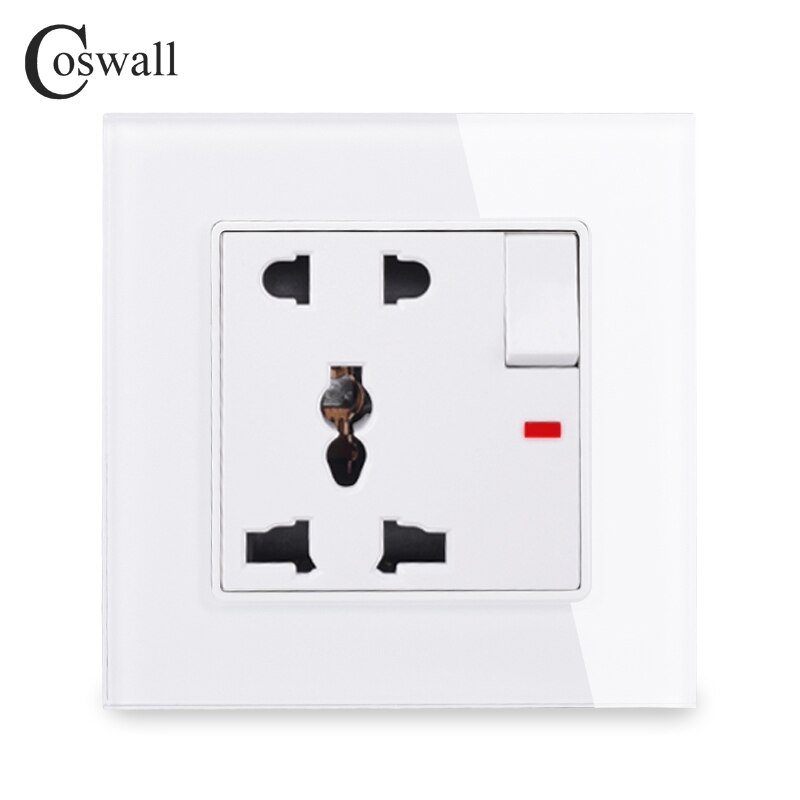 COSWALL Glass Panel 1 Gang 13A Universal 5 Hole Switched Socket With Neon Grounded With Children Protective Door C1 Series: White