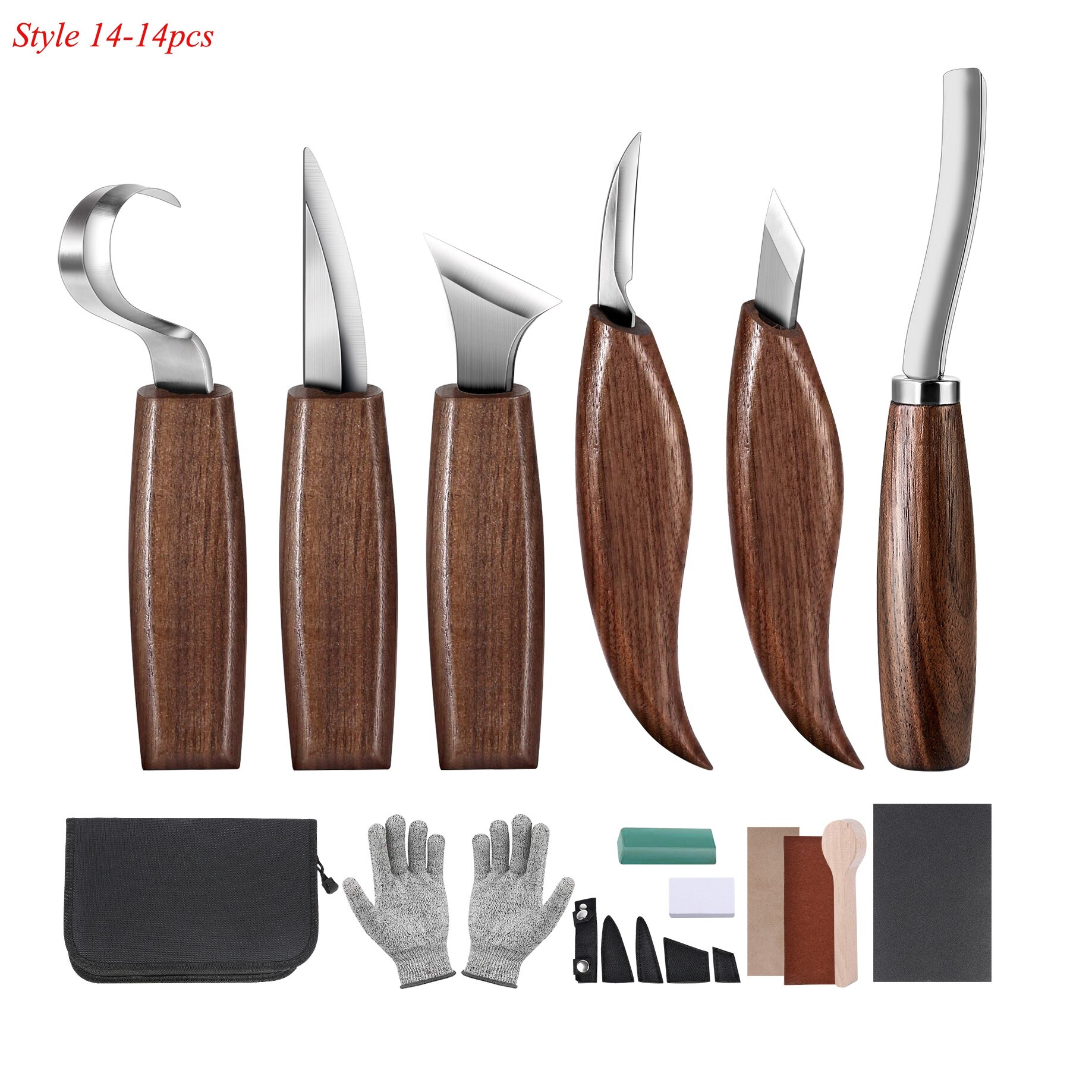 Wood Carving Tools Set Hook Carving Knife Kit for Beginners Detail Wood Knife Whittling Resistant Gloves Leather Sheath: Chocolate