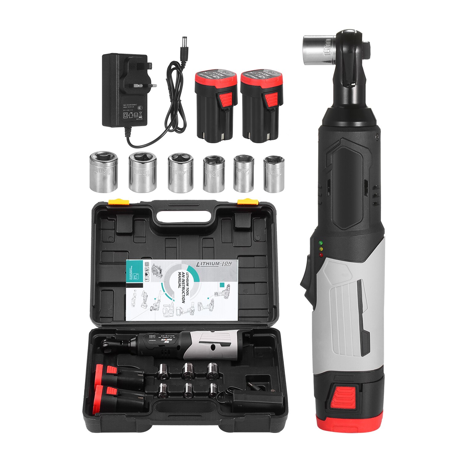 Chiave A Cricchetto Elettrica senza cordone 3/8 pollici 80N.M 240RPM 18V di Alimentazione Chiave A Cricchetto kit con 2 pacchetto 6.0ah Batteria Agli Ioni di Litio