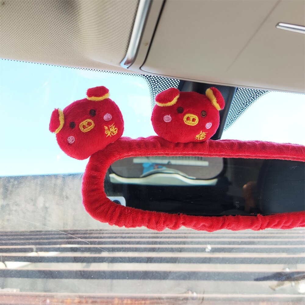 Rétroviseur de voiture en forme de grand cochon rouge, couverture de miroir de dessin animé, décoration de dame
