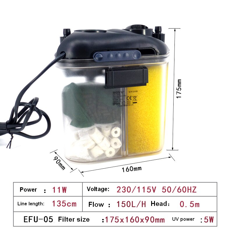 BOYU-filtro de bote externo para acuario, EF-05 de agua dulce marina, 5W, 150L/H, EF-05, 5,5 W, 220V