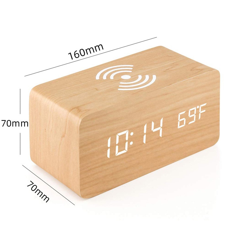 Wooden Digital Clock Sound Control Electronic Alarm Clock Led Mobile Phone Wireless Charging Wooden Clock