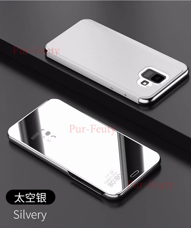 Flip etui til samsung galaxy  j6 sm j600 j600fn j600fn/ ds sm -j600f sm -j600f/ ds sm -j600fn klart speil pu skinndeksel: Sølv