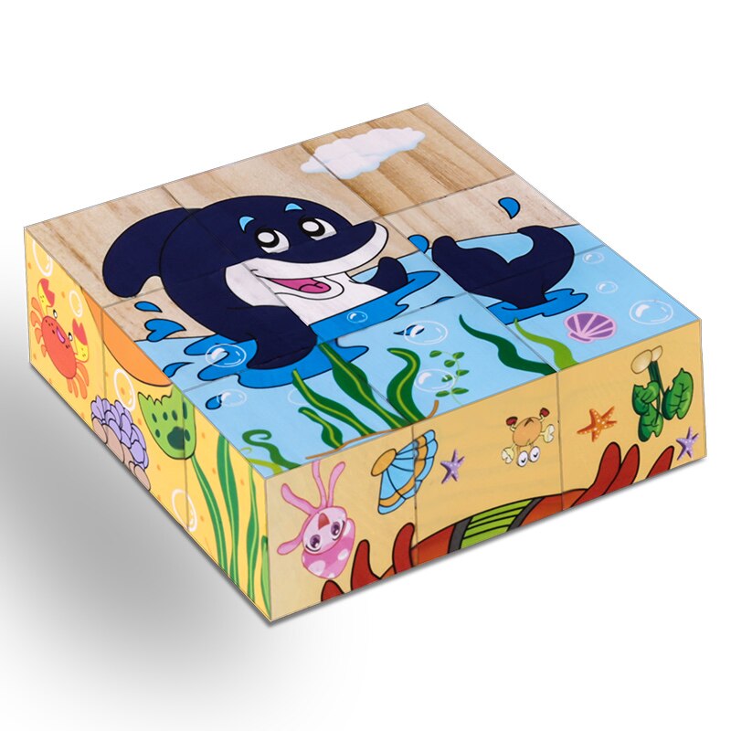 High Grade Six-face Picture Wooden Jigsaw 3D Puzzle Toys Children's Early Educational Toy Cube Jigsaw Puzzle Baby Kids: Sea animals