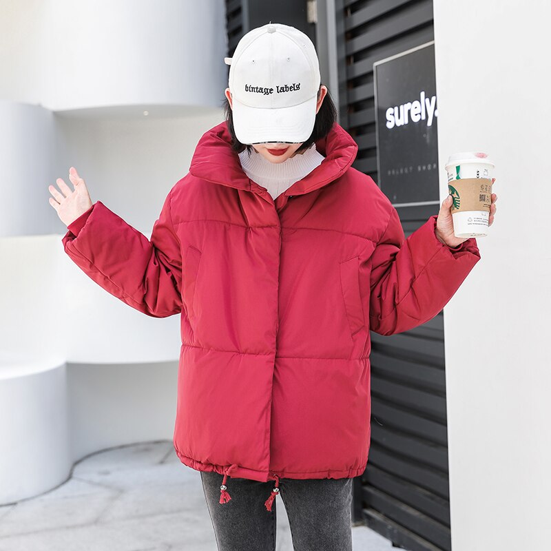 Løse damejakker til vinter koreansk stil solid kvinde parkaer brødjakke stander krave tyk bomuld kvindelig kold frakke outwear