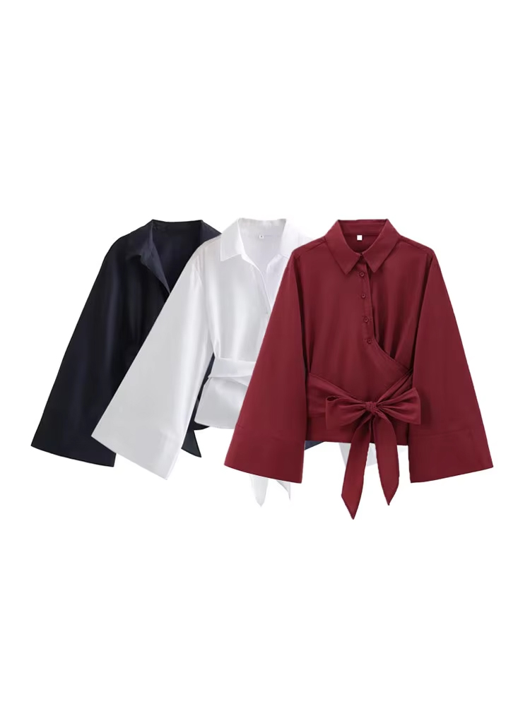 TRZA-Women's Long Sleeve Kimono Blouses With Bow Tie, Front Button, Female Shirts, Chic Tops,