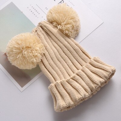 Kinderen meisjes baby muts gebreide wollen tijk muts met omslag herfst en winter warme muts twee ballen: Khaki