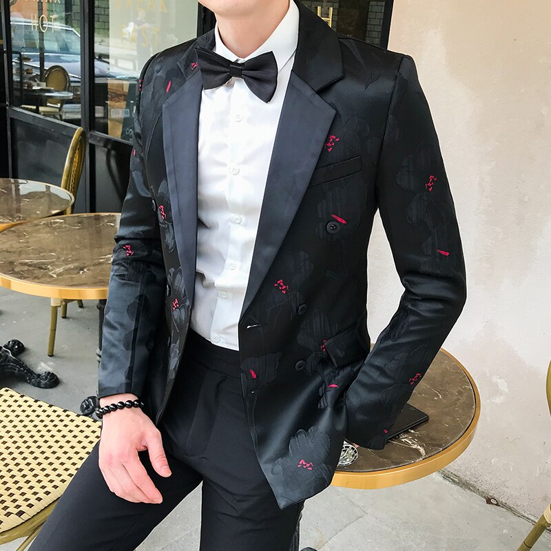 Blommig kavaj herr svart guldtryck slim kavaj dubbelknäppt gentleman wedding club casual kavaj