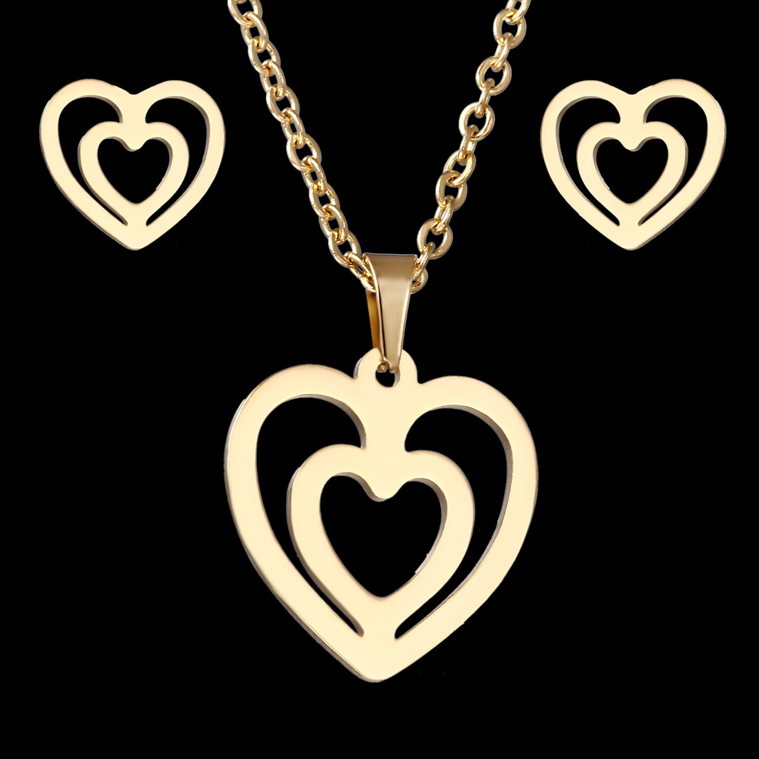 Rinhoo Goud Kleur Rvs Sets Voor Vrouwen Hart Kroon Liefde Cross Sterren Maan Ketting Oorbellen Set Bruid Bruiloft Sieraden: Double heart