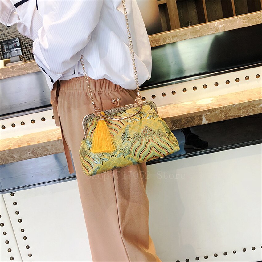 Japanse stijl kimono kleding accessoire chinese print kwast vintage traditionele cheongsam jurk frame tas crossbody ketting portemonnee