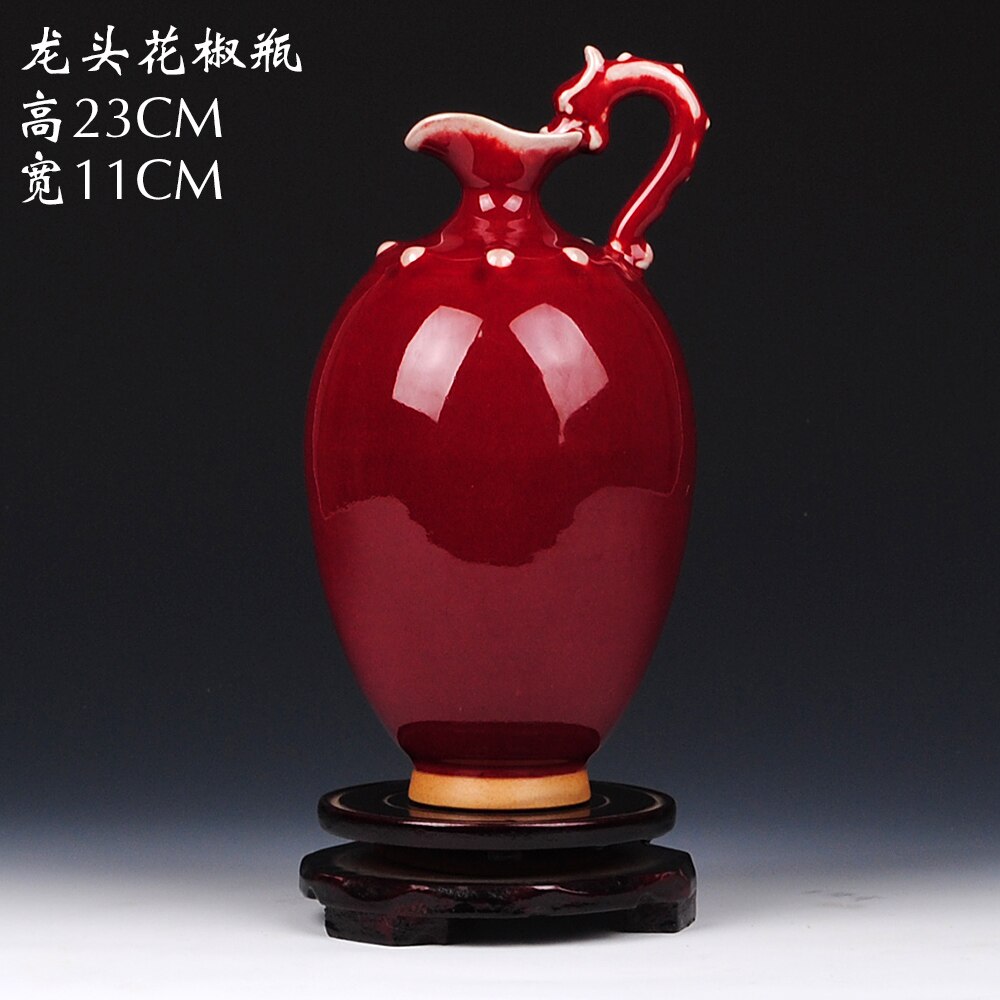 Jarrón de estilo chino de Jingdezhen, jarrón de flores esmaltado de cristal de porcelana roja, decoración del hogar, jarrones de Familla brillantes hechos a mano,: 23X11CM