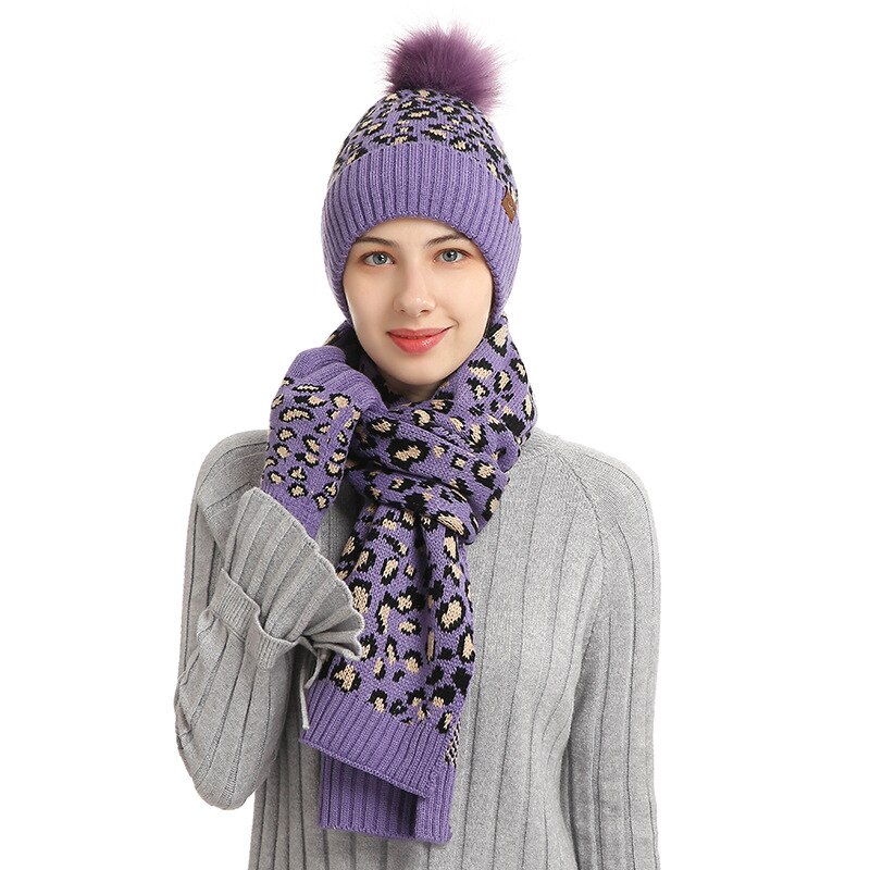 Driedelige Vrouwen Handschoen Gebreide Hoeden Sjaal Handschoenen Set Hoed Pompon Winter Warm Mitten Cap Beanie Sets Caps mode Zachte Herfst: purple