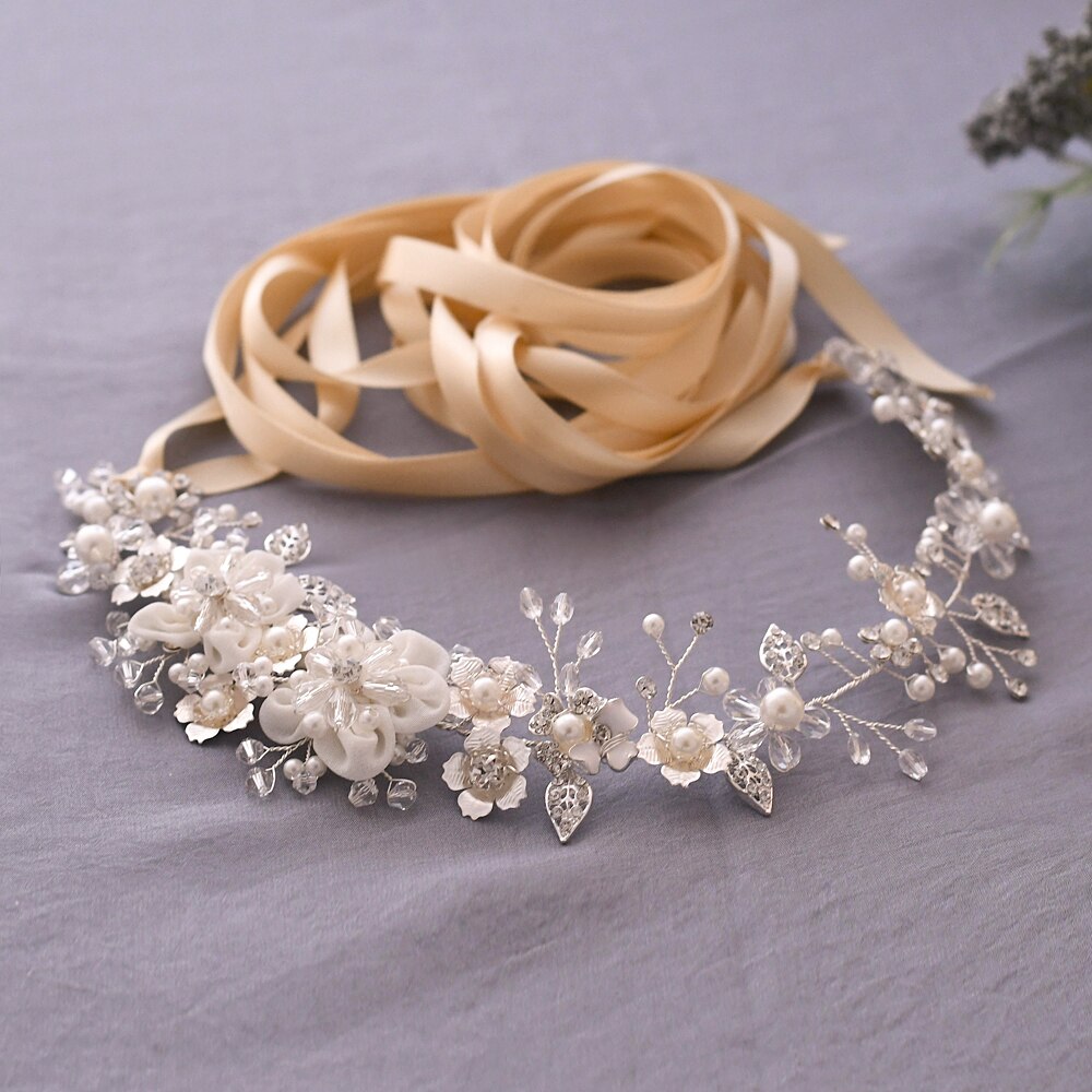 TRiXY SH275 Luxury Western Belt Silver Sash Belt for Wedding Dress Women Pearl Belts for Bridesmaid Flower Bridal Belt: champagne ribbon