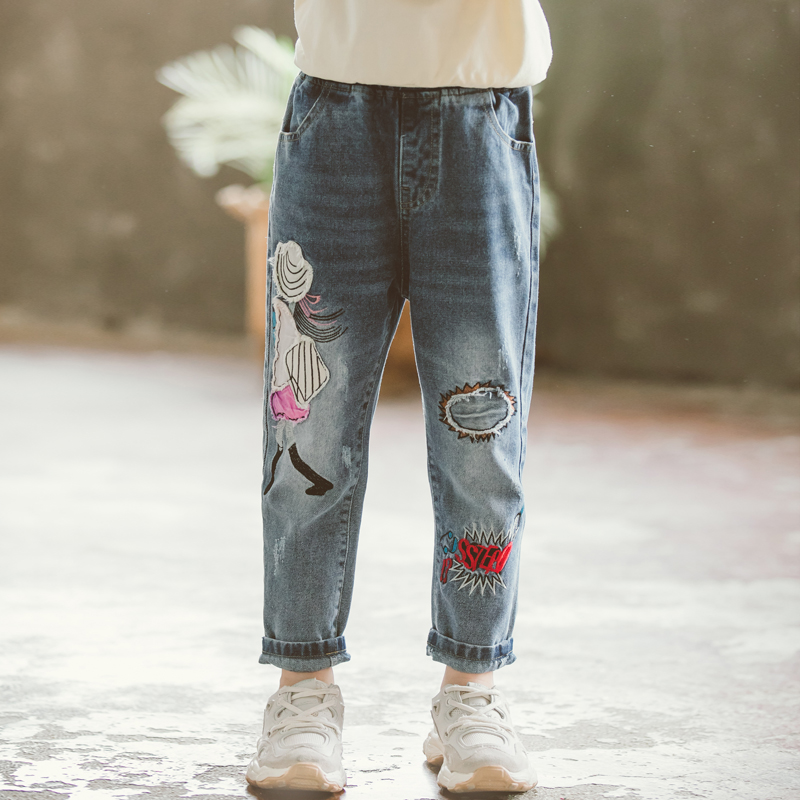 Tecknade blå jeans för barn flickor småbarn slitna kläder söta prinsessa jeansbyxor baby girl jeans tonårsbyxor bomull 12t