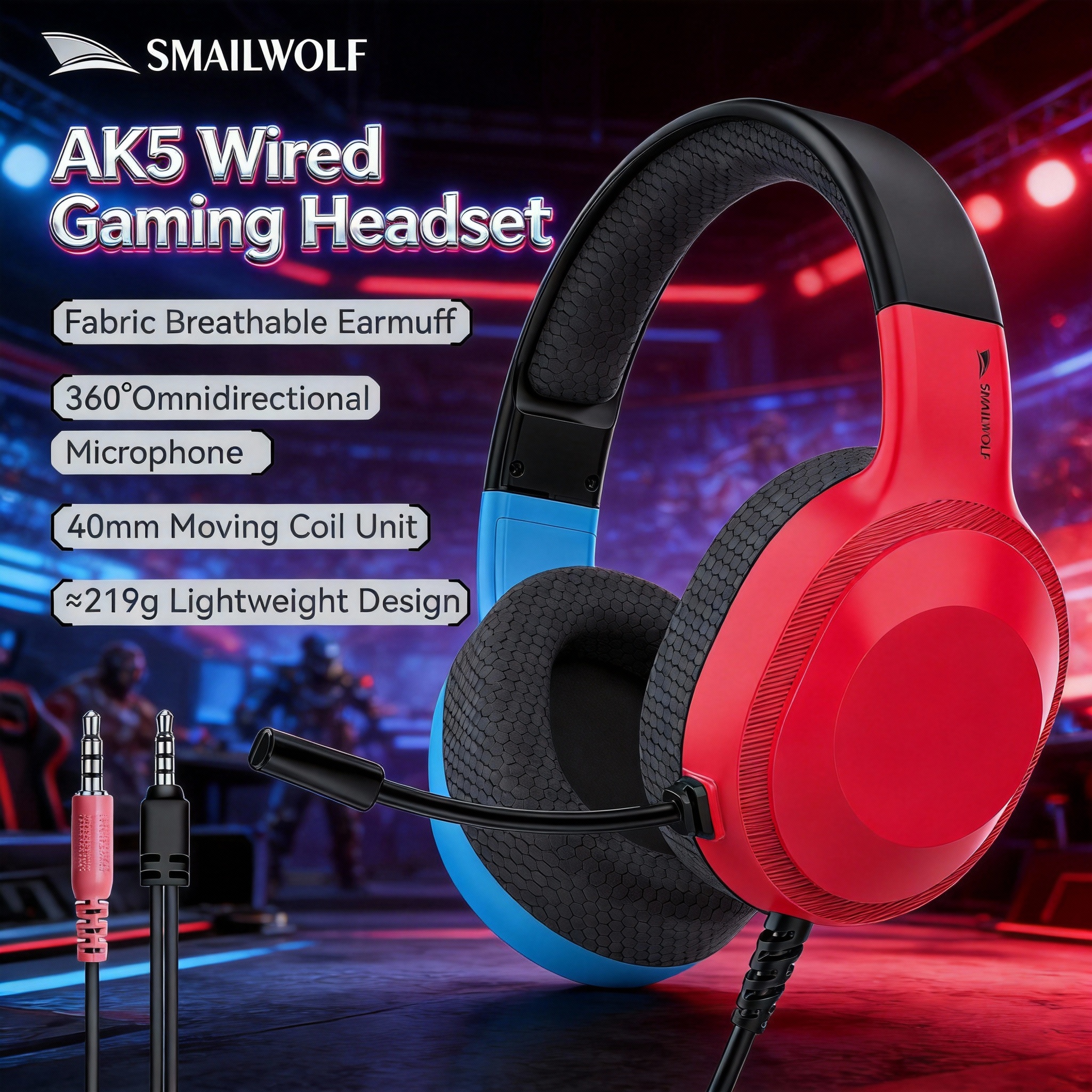SMAILWOLF AK5 wired headset gaming headset lightweight e-sports gaming headset with microphone desktop laptop universal: Red
