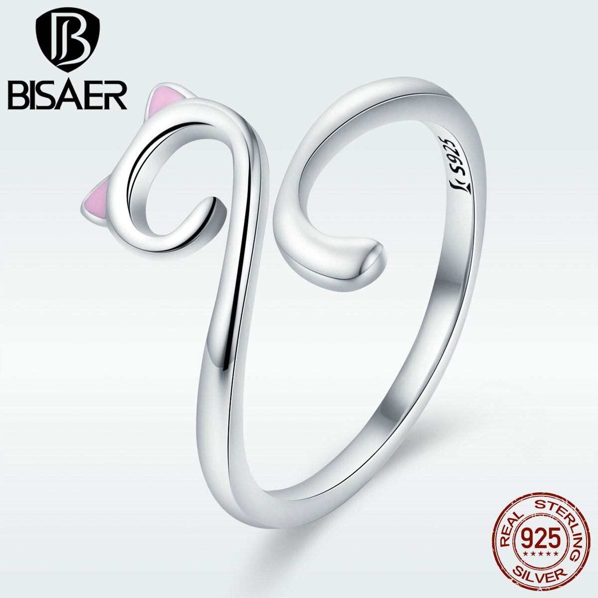 BISAER 100% 925 Sterling Silver Anel Cat Pussy Kitten Cat Tail Adjustable Finger Ring Female Sterling Silver Jewelry ECR341