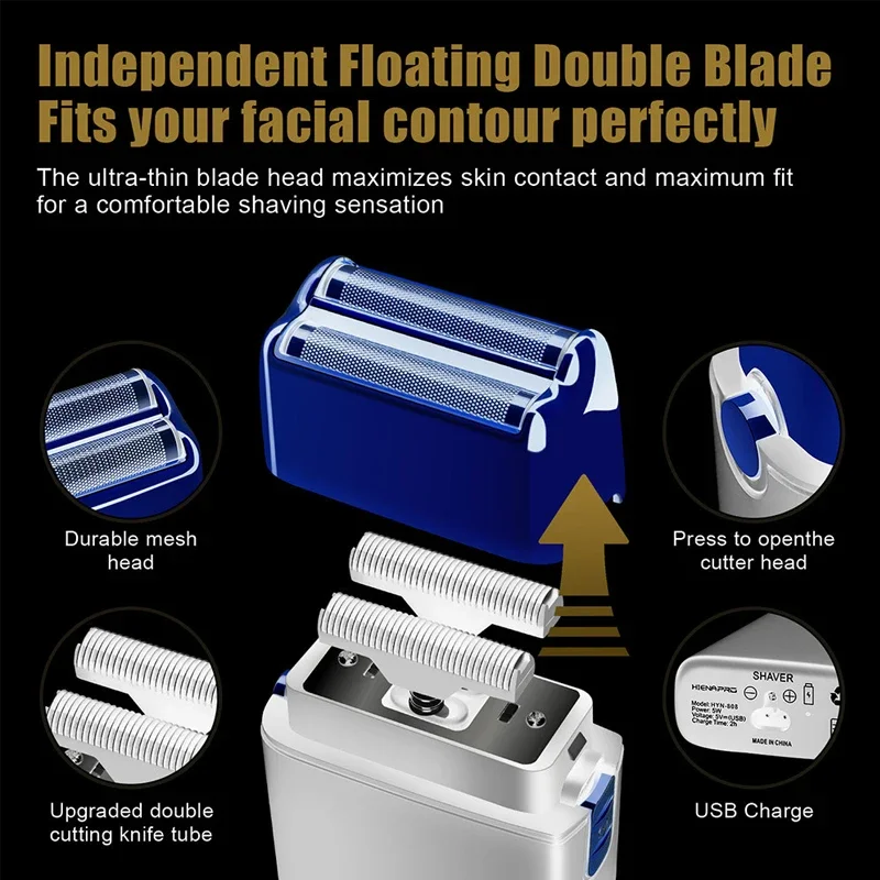 Afeitadora eléctrica para hombres, cuchillas de doble lámina de corte de 0mm, cabezal flotante de alta velocidad de 8200RPM, Ideal para barbería