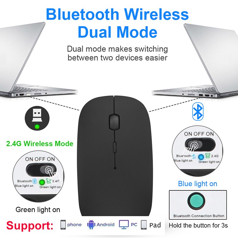 Silent Wireless Mouse Rechargeable Dula Model Tablet Bluetooth-compatible Mouse for iPad/Samsung/Huawei Laptop Mice 2.4G Mause