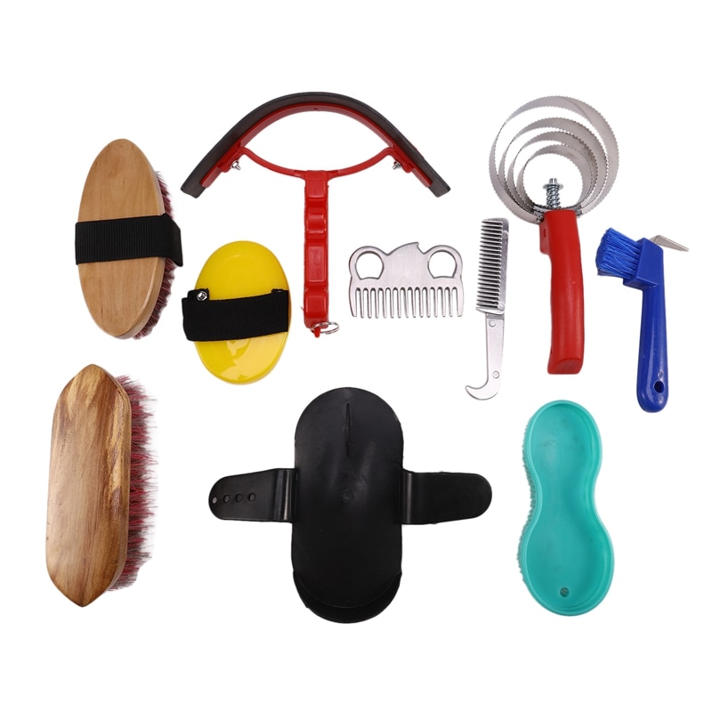 10-en-1 cheval toilettage ensemble d'outils Kit de nettoyage crinière queue peigne Massage Curry brosse sueur grattoir sabot Pick Curry peigne épurateur