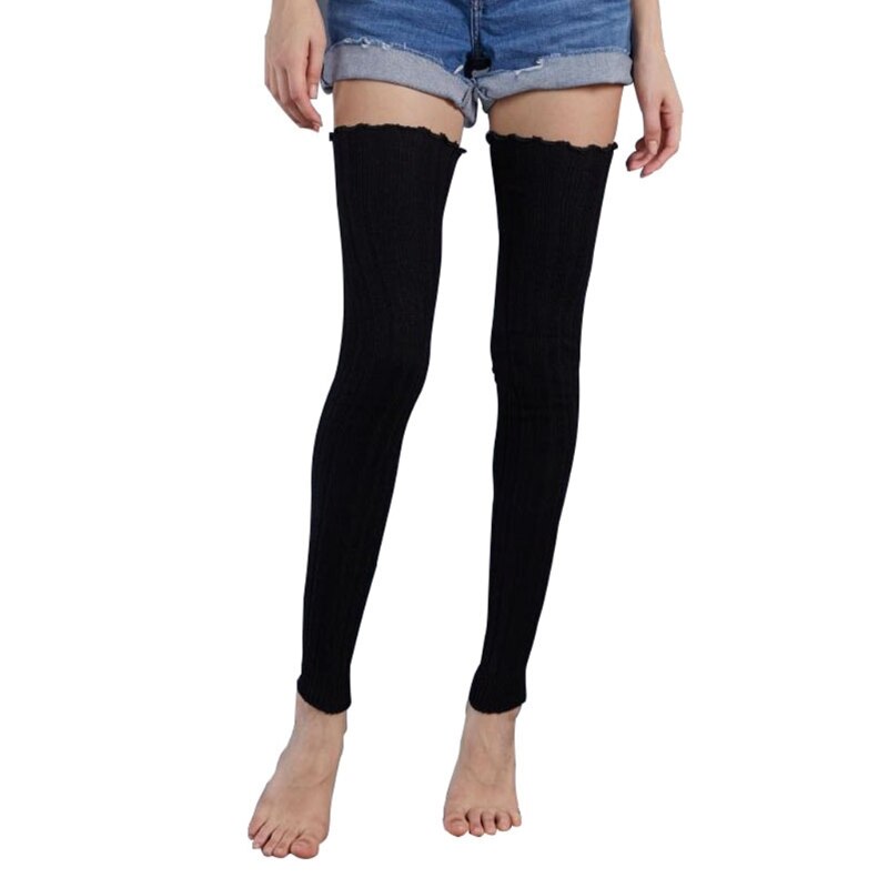 Womens Ribbed Cable Knit Leg Warmers Winter Warm Ruffled Top Stretch Over Knee Thigh High Long Socks Footless