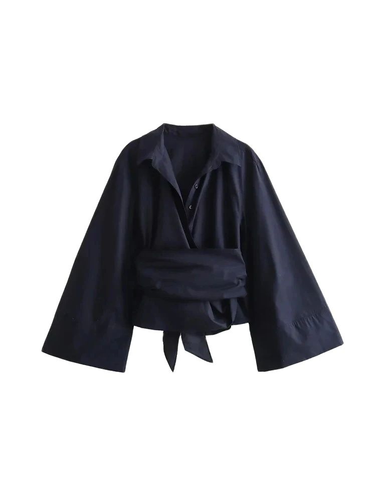 TRZA-Women's Long Sleeve Kimono Blouses With Bow Tie, Front Button, Female Shirts, Chic Tops,