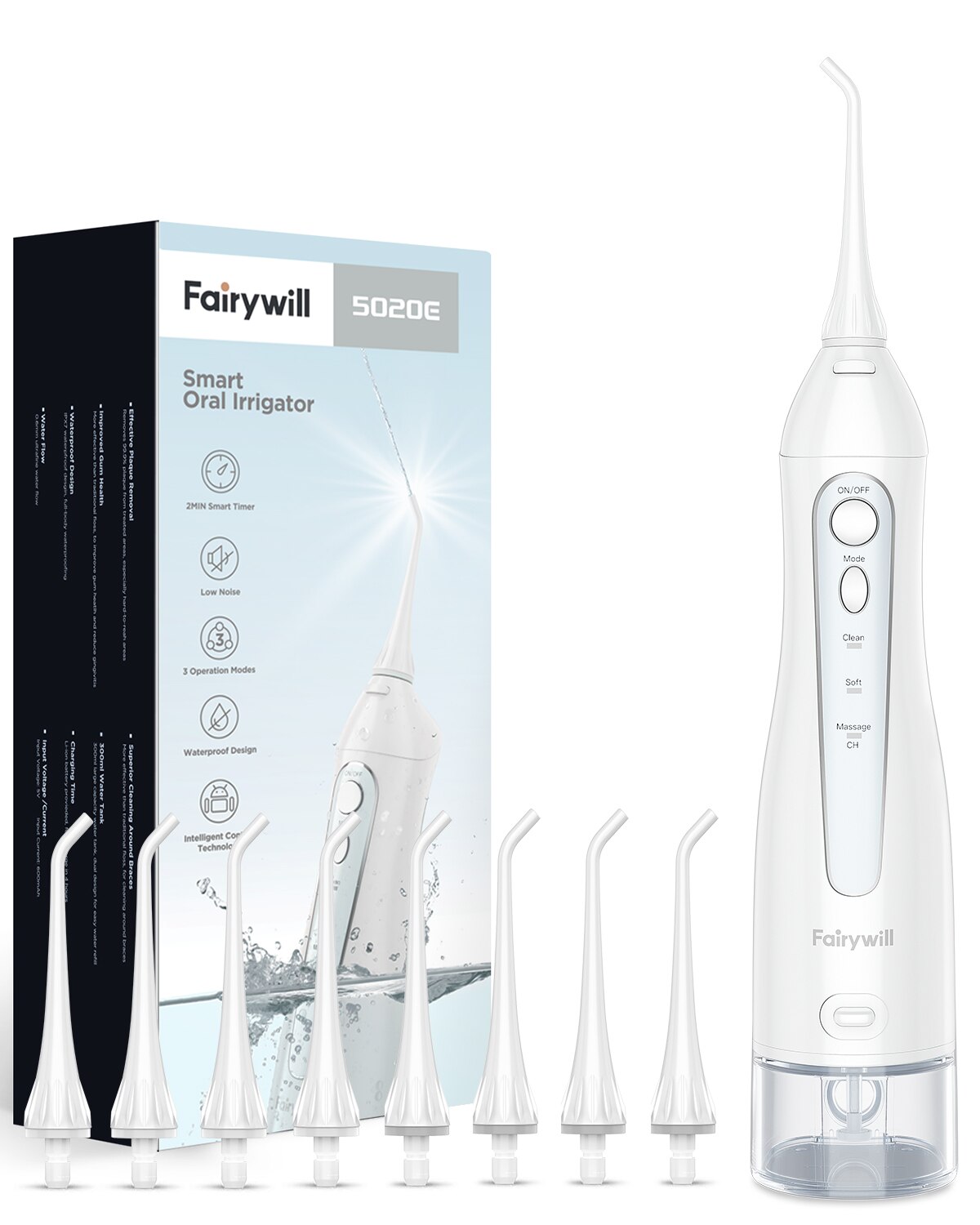 Fairywill Elektrische Schall- Zahnbürste &Ampere; Wasser Flosser USB Ladung Wasserdichte 5 Modi 3 Pinsel Köpfe Zahnbürsten Zähne Reiniger: FW-5020E-Weiß