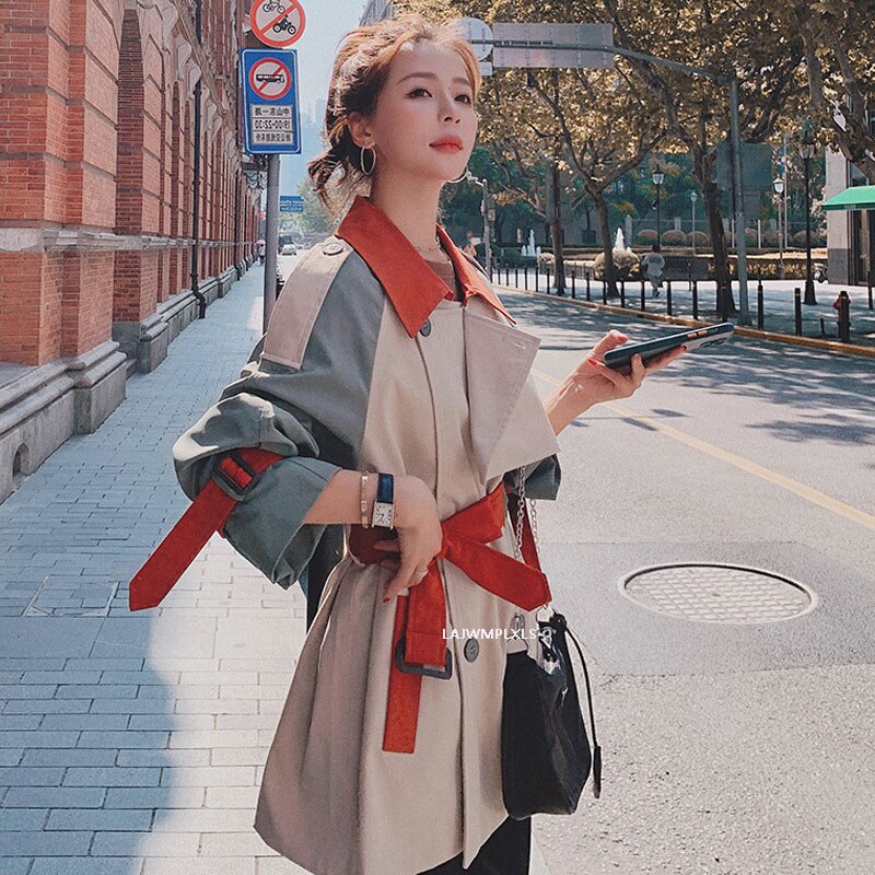 Korean Autumn Color Block Trench Coat Women Streetwear Camel Belt Pocket Coat Trench Duster Coat spring FY135: Short / S