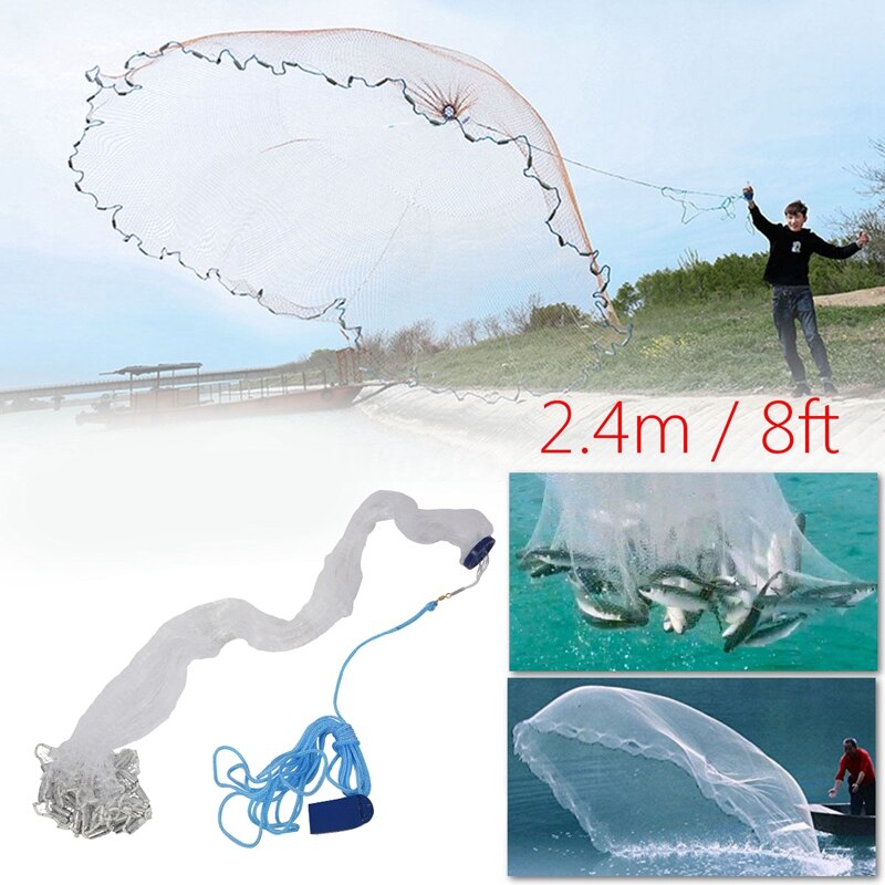 8Ft 2.4M Fishing Net Bait Easy Throw Hand Cast 3/4 inch Strong Nylon Mesh + Sinker