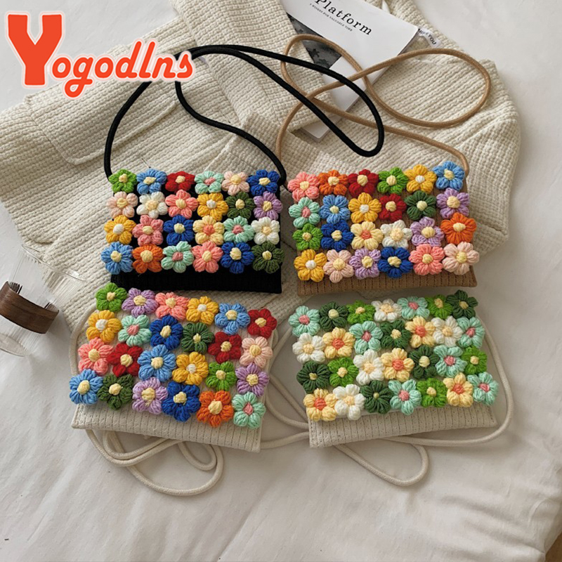 Yogodlns Mode Bloem Flap Bag Voor Vrouwen Geweven Handgemaakte Crossbody Tas Katoen Linnen Messenger Handtas Zomer Reizen Strand Tassen