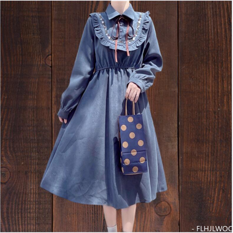 Art Mori vestido largo para niñas, ropa básica Retro, Vintage, estilo japonés, cuello de muñeca, cinta dulce, pajarita, vestido de pana, Otoño e Invierno