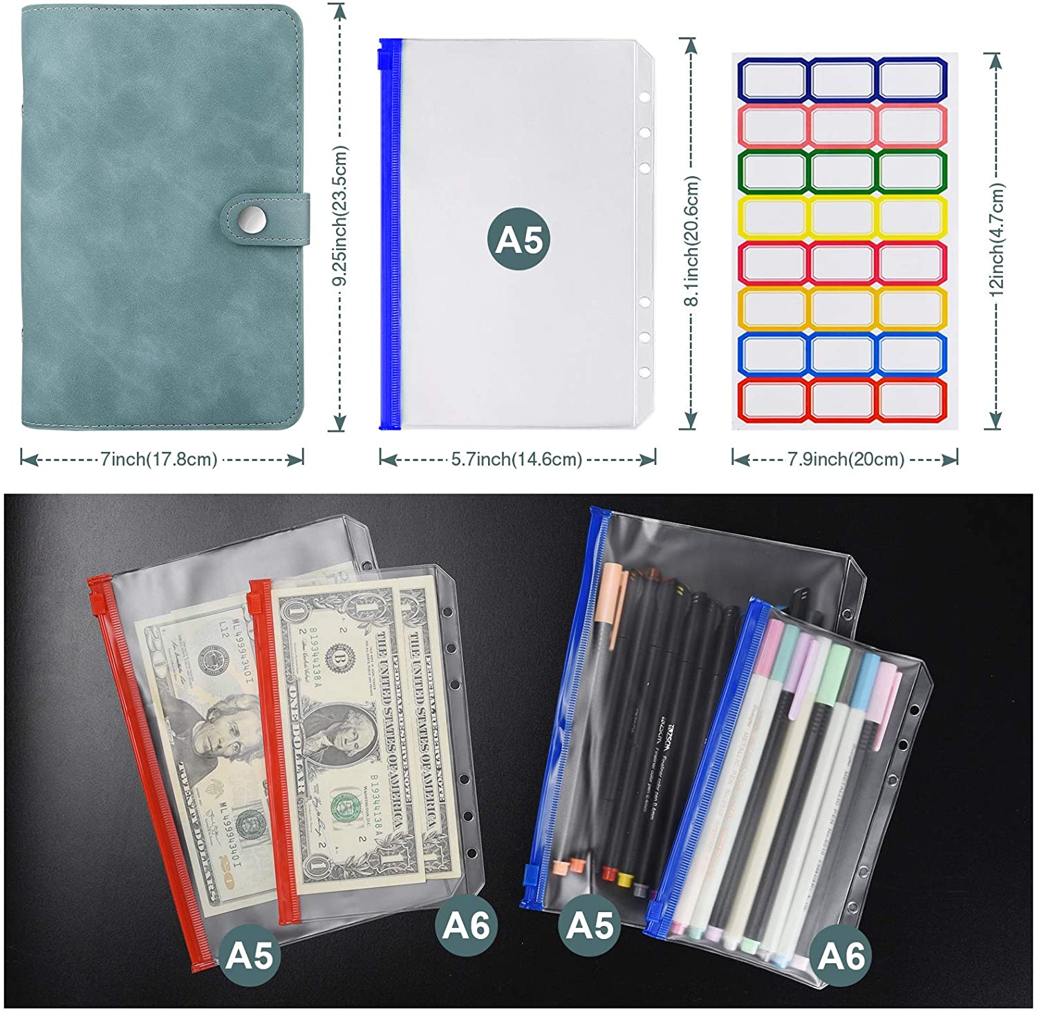 A6 Lederen Bindmiddel Cover Met Plastic Zakken 6 Ring Soft Navulbare Notebook Bindmiddel 12 Gekleurde Clear Rits Envelop Voor Budget