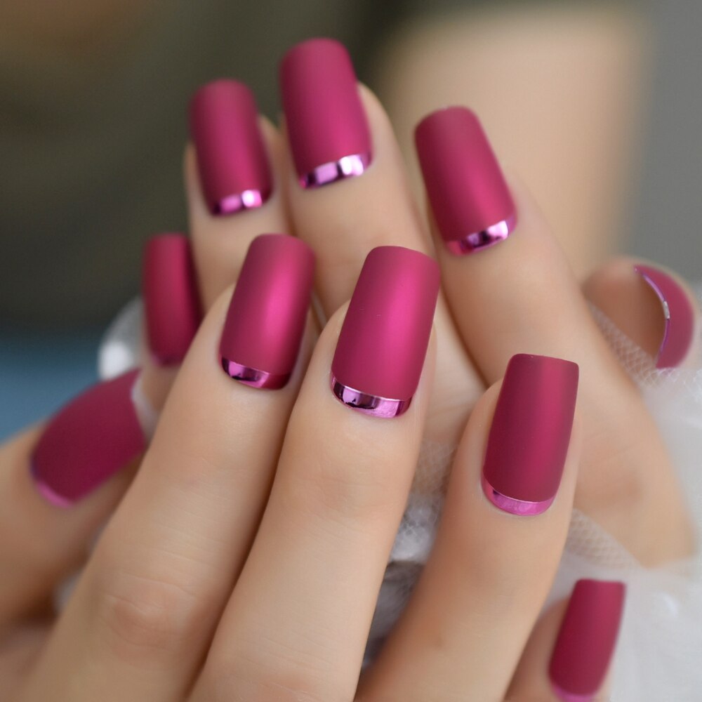 Vierkante Matte Metalen Nagels Cherry Rose Roze Layer Frosted Kastanjebruin Nagels Kunstmatige Acryl Druk Op Nagels