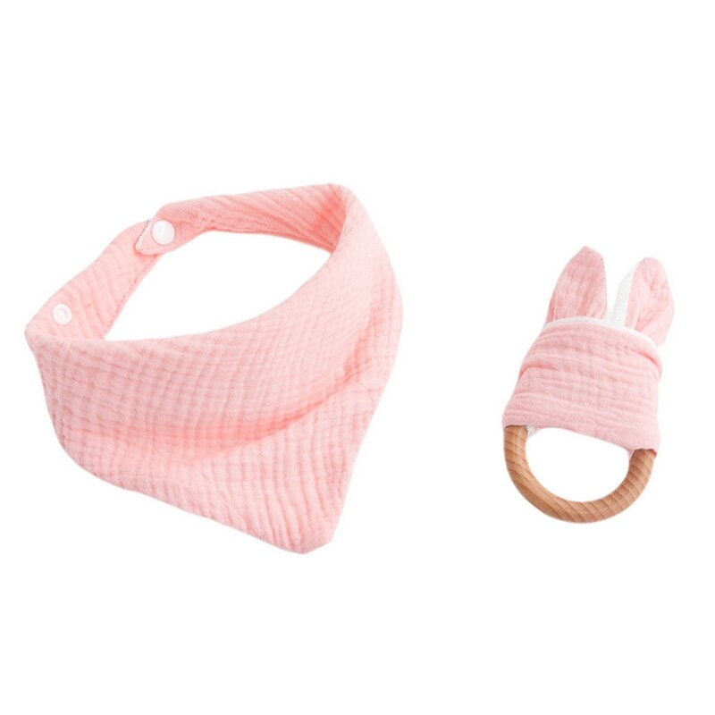 2 Stks/set Baby Jongen Meisje Speeksel Tissue Molars Ring Houten Bijtring Set Katoenen Mousseline Slabbetjes Effen Kleur Burp Doek Driehoekige sjaal: Roze