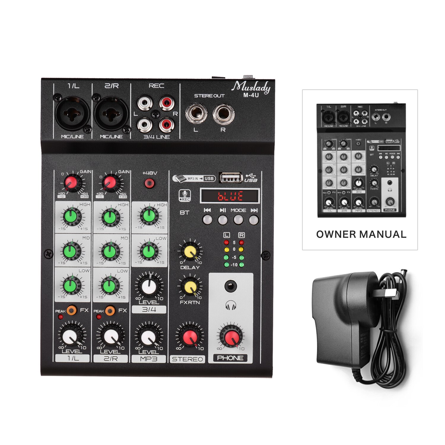 Muslady M-4U 4-Channel BT Mixing Console Digital Audio Mixer Built-in Reverb Effects +48V Phantom Power 3-band EQ Portable