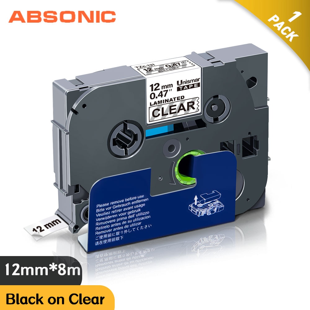 Absonic TZe-etiqueta adhesiva laminada de cinta para TZ, TZe-131, negro en transparente, Compatible con impresora de etiquetas Brother p-touch PT-D210