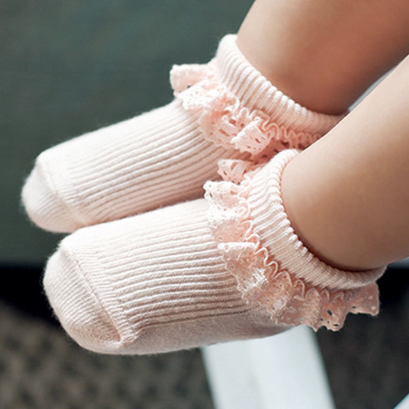 Babysokker sød prinsesse blonder baby piger sok spædbarn toddler bomuld flæser ankel sokker baby meias infantil lyserød / hvid 0-2 y