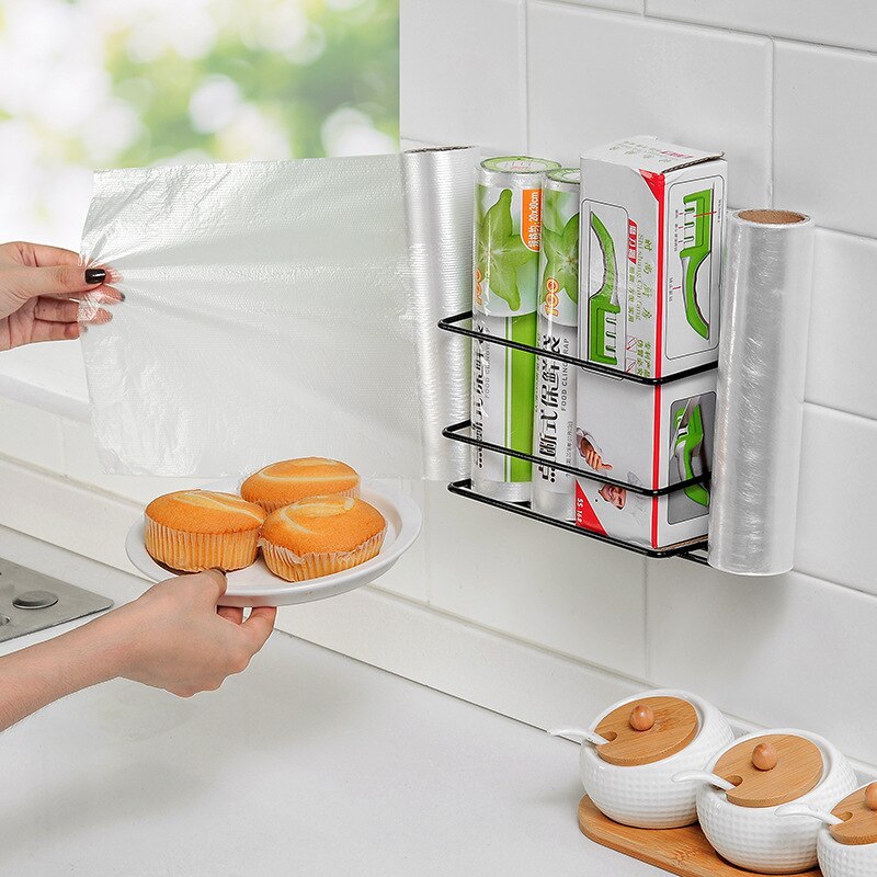 Kitchen Plastic Wrap Storage Rack Iron Art Refrigerator Side Wall Mount Toilet Paper Towel Storage Shelf Roll Stand