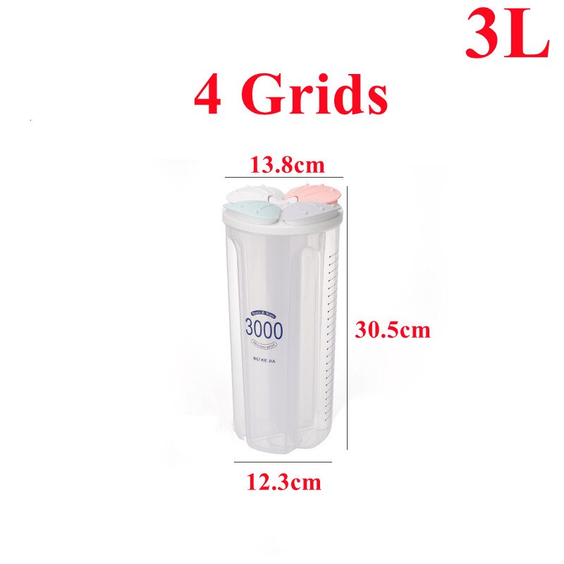 1.5/2/2.5/3L Plastic Food Storage Container with Lid Kitchen Storage Box Refrigerator Noodle Multigrain Jars Home Food Container: 4grids-3000ml