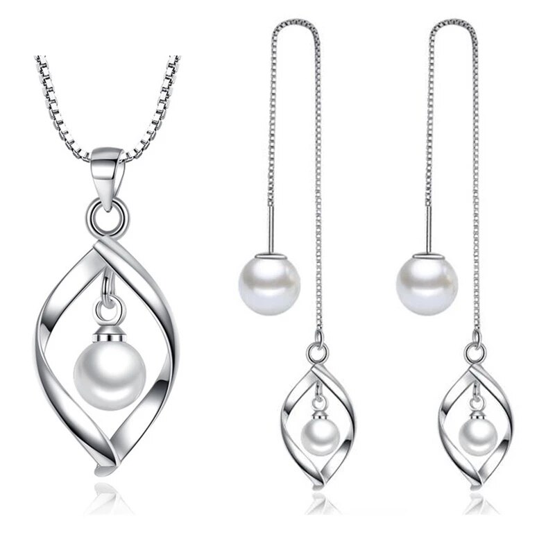 MEYRROYU 925 Sterling Silber Halskette Ohrringe Perle Anhänger Schmuck einstellen Dame, Verlobung, Hochzeit Cерьги Oжерелье: 1
