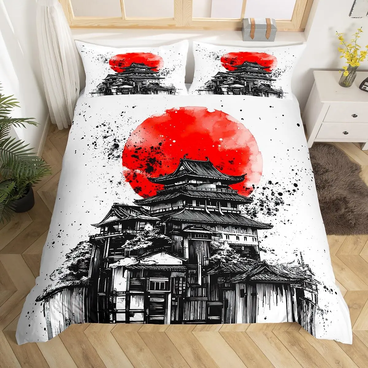 Japanese Building Duvet Cover Sets for Teens Queen Size Quilt Covers Lightweight Down 2 Pillowcases 1 Duvet Cover No Comforter