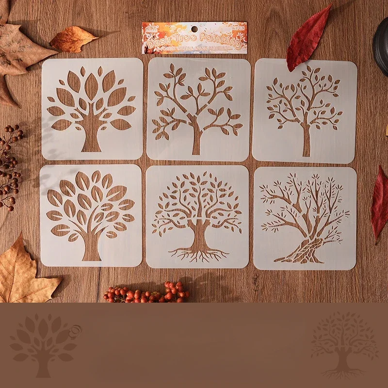 6 unids/set de plantillas de la serie de árboles para pintar y decorar, plantillas de plantillas de árbol de hueco para álbum de recortes, diario, suministros para estudiantes: Oro