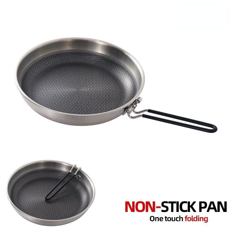 Outdoor Stainless Steel Non-Stick Frying Pan Folding Handle Wok Pan Skillet Griddle Camping Kitchen Outdoor Cooking Pot Cookware