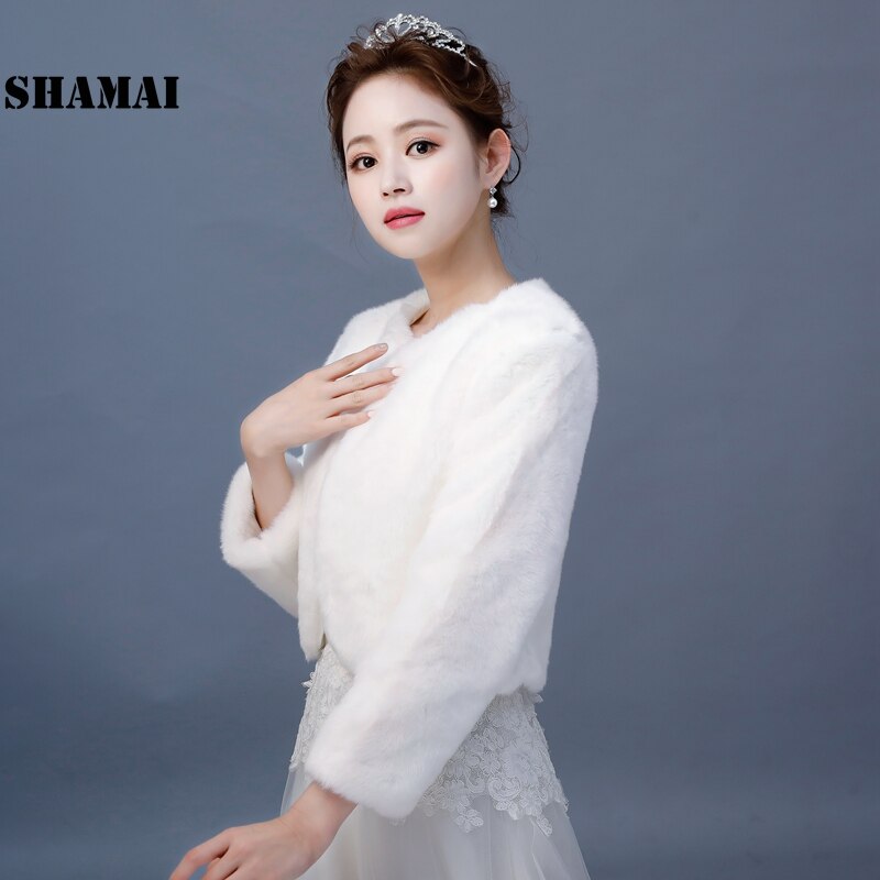 Faux Fur Wedding Jacket 3/4 Sleeves Bridal Coat Fall Winter Warm Bride Bolero In Stock Ivory Wedding Accessoriies