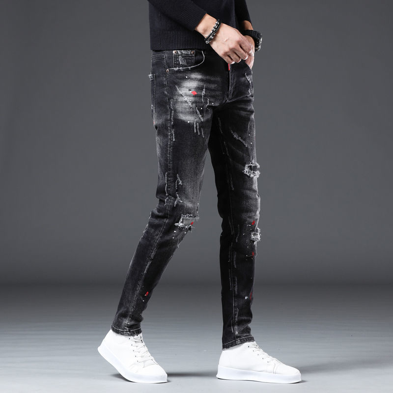 Korea Versie Heren Noble Black Ripped Jeans, Stijlvolle Slim Stretch Jeans, licht Luxe Splash Inkt Print Jeans,Sexy Straat Jeans;