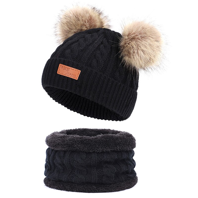 Los niños de invierno cálido sombrero Collar pompón guisantes sombrero de niño/Niña de punto sombrero de la bufanda de esquí cálido 2 conjunto de piezas gorro de cabeza: Black