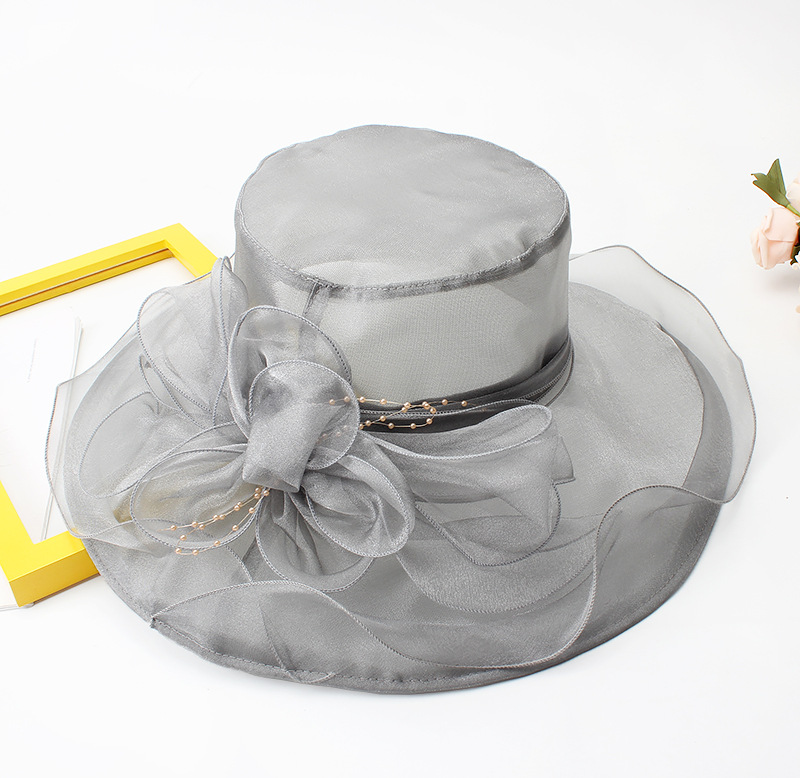 18 Color Ladies Summer Hat White Black Organza Church Fascinator Wedding Tea Party Derby Hats for Women Flower Wide Brim Sun Hat: GRAY