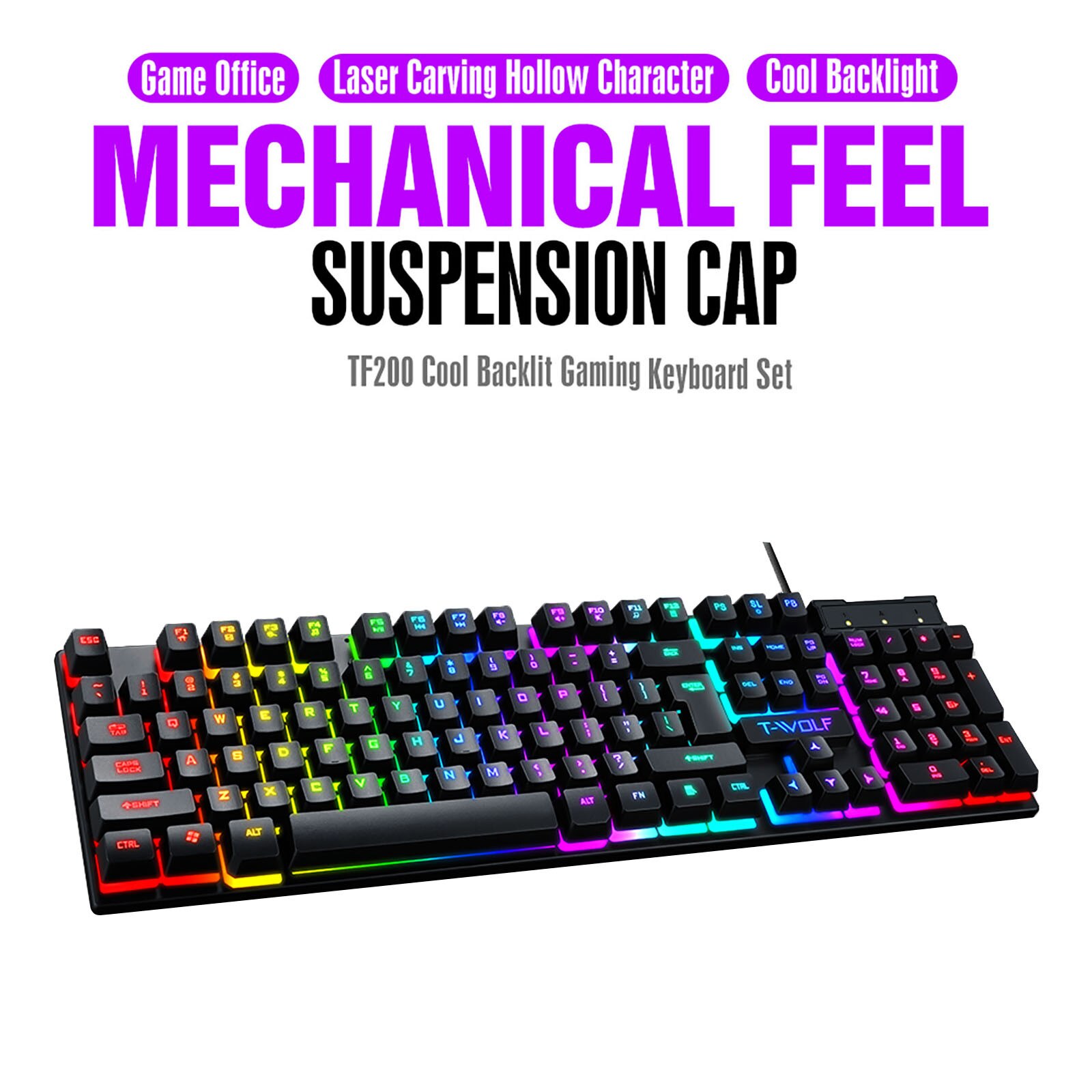 Mechanical gaming keyboard TF200 Rainbow Backlight Usb ergonomic gaming keyboard, suitable for PC laptop gaming: Default Title