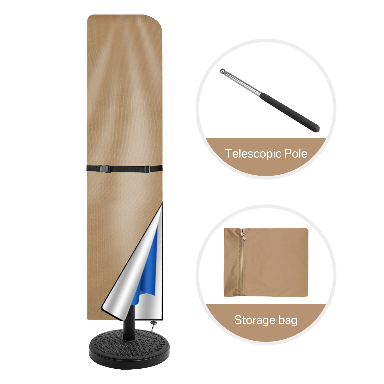 Parasolhoes Waterdichte rechte parasolbeschermhoes met telescopische paal en ritssluiting Geschikt voor grote paraplu-terrasparasol: l / gouden kleur